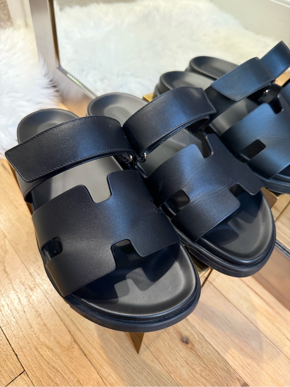 Hermes Black Leather Oran Slide Sandals
